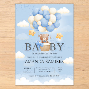 Invitaciones Acrílicas Ducha de bebé niño elefante azul y crema