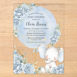 Invitaciones Acrílicas Ducha de bebé niño elefante globo floral azul suav