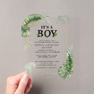 Invitaciones Acrílicas Ducha de bebé niño elefante jirafa safari