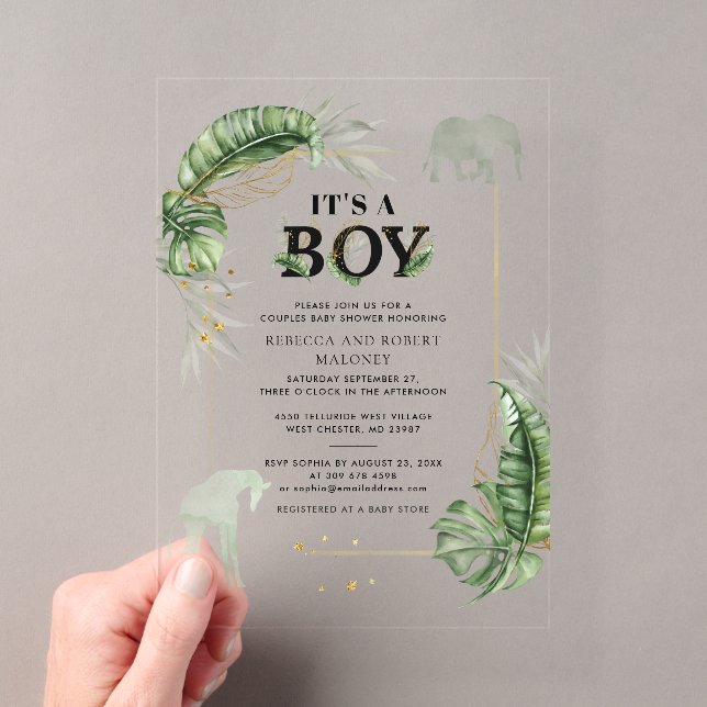Invitaciones Acrílicas Ducha de bebé niño elefante jirafa safari (Insitu (portátil))