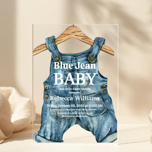Invitaciones Acrílicas Ducha de Bebé Niño Moderno de Mezclilla Azul Jean