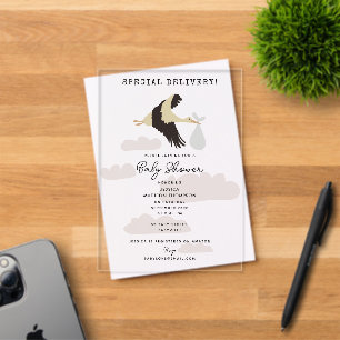 Invitaciones Acrílicas Ducha de Bebé Niño Niña Cigüeña Recién Nacido