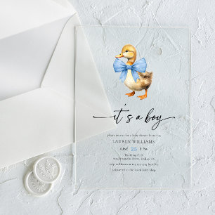 Invitaciones Acrílicas Ducha de bebé niño pato con lazo azul