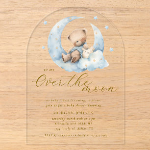 Invitaciones Acrílicas Ducha de bebé Oso de peluche Luna sobre la Luna