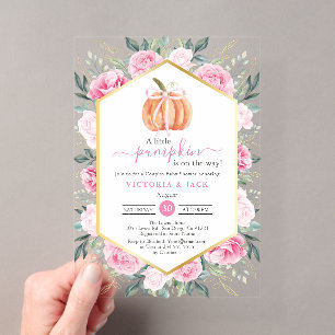 Invitaciones Acrílicas Ducha de bebé otoñal de hojas florales rosadas de