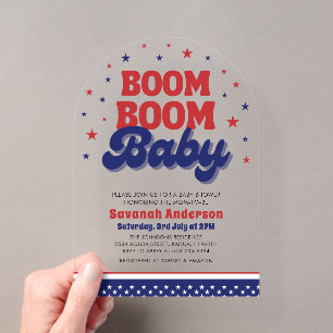Invitaciones Acrílicas Ducha de Bebé Patriótica del 4 de Julio 'Boom Boom