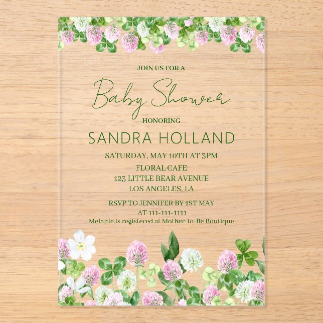Invitaciones Acrílicas Ducha de bebé Pradera de Trébol Acuarela (Anverso)