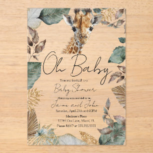 Invitaciones Acrílicas Ducha de Bebé Salvaje Jirafa Acuarela