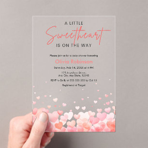 Invitaciones Acrílicas Ducha de bebé Un Corazón Dulce Rosa y Rojo 