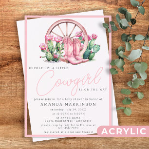 Invitaciones Acrílicas Ducha de Bebé Vaquera Rosa Cactus Occidental