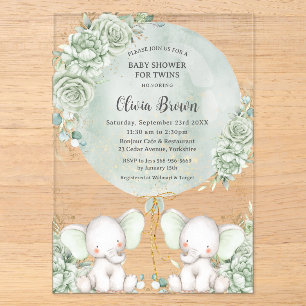 Invitaciones Acrílicas Ducha de Bebés Elefantes Florales Verde Salvia Gem