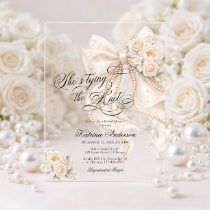 Invitaciones Acrílicas Ducha de Boda con Lazo Blanco Ella se Casa