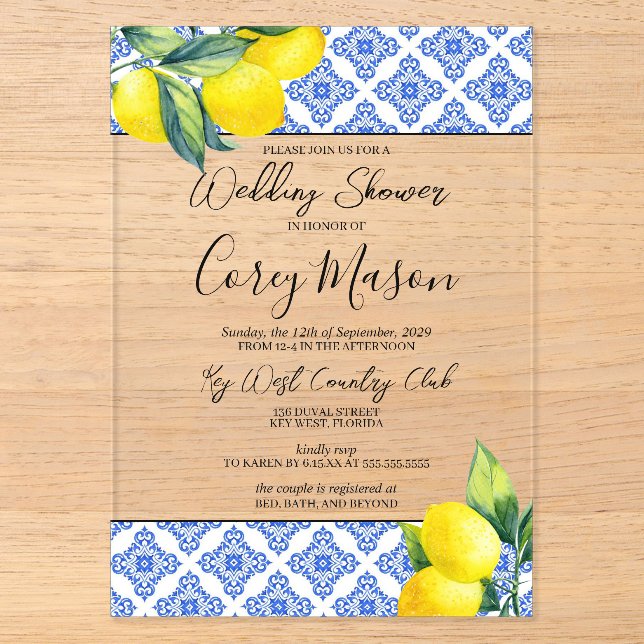 Invitaciones Acrílicas Ducha de Boda con Limón (Anverso)
