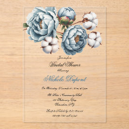Invitaciones Acrílicas Ducha de Boda de Peonía Azul Polvorienta y Algodón