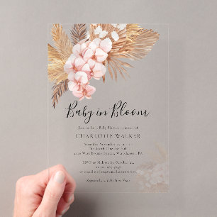 Invitaciones Acrílicas Ducha de hierba de Pampas floral rosa boho bebé en