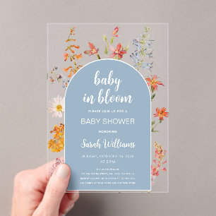 Invitaciones Acrílicas Ducha de Niño 'Baby in Bloom' Arco Azul Flores Sil