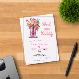 Invitaciones Acrílicas Ducha de Novia Botas y Burbujas Vaquera Occidental