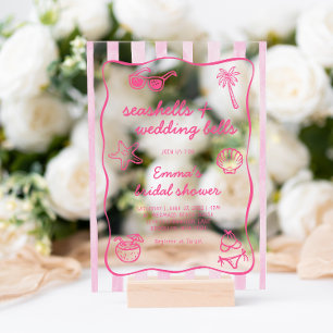 Invitaciones Acrílicas Ducha de Novia Caracoles Rosados y Campanas de Bod