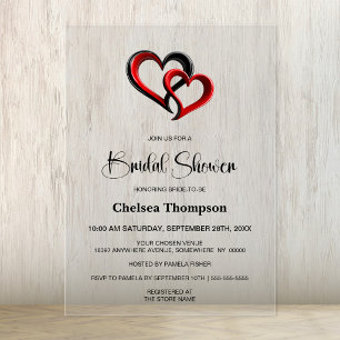 Invitaciones Acrílicas Ducha de novia con corazones negros y rojos modern