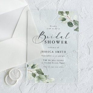 Invitaciones Acrílicas Ducha de Novia con Hoja Verde y Letra Moderna