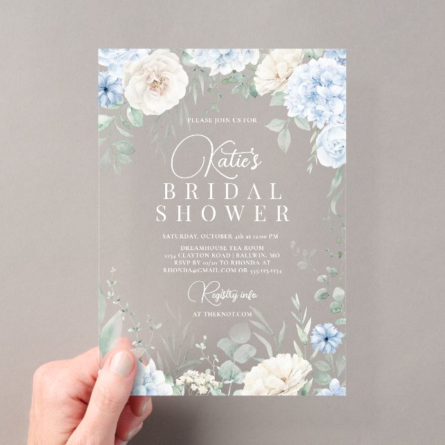 Invitaciones Acrílicas Ducha de Novia con Hortensias Azules Polvorientas (Insitu (portátil))
