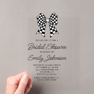 Invitaciones Acrílicas Ducha de Novia con Lazo de Cuadro Negro y Blanco
