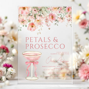 Invitaciones Acrílicas Ducha de Novia con Pétalos de Rosa y Prosecco Rosa