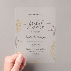Invitaciones Acrílicas Ducha de Novia Conchas de Mar Arena de Playa