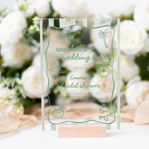 Invitaciones Acrílicas Ducha de novia conchas verdes y campanas de boda