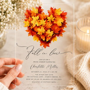 Invitaciones Acrílicas Ducha de Novia Corazón de Hoja Otoñal