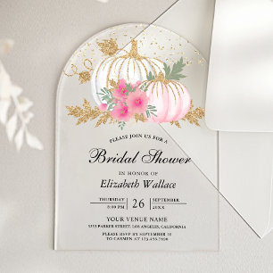 Invitaciones Acrílicas Ducha de Novia de Calabaza Blanca Floral Rosa