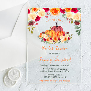 Invitaciones Acrílicas Ducha de Novia de Calabazas Naranjas de Otoño Flor