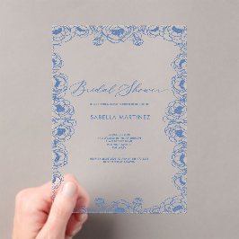 Invitaciones Acrílicas ducha de novia de caligrafía floral azul polvorien