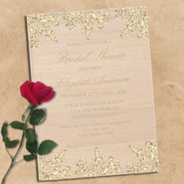 Invitaciones Acrílicas Ducha de novia dorada en invierno con copo de niev (Subido por el creador)