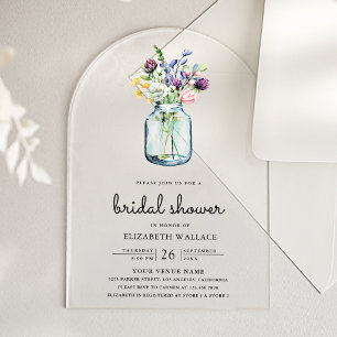 Invitaciones Acrílicas Ducha de Novia en Tarro de Mason con Flores Silves