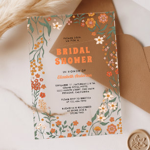 Invitaciones Acrílicas Ducha de Novia Flor Silvestre Groovy Naranja Crema