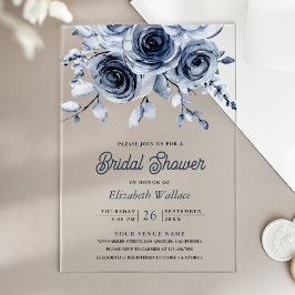 Invitaciones Acrílicas Ducha de Novia Floral Azul Polvoriento Rústico
