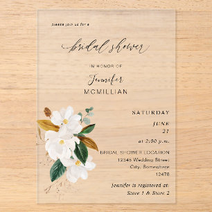 Invitaciones Acrílicas Ducha de Novia Floral Blanca de Magnolia