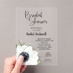 Invitaciones Acrílicas Ducha de novia floral blanca negra