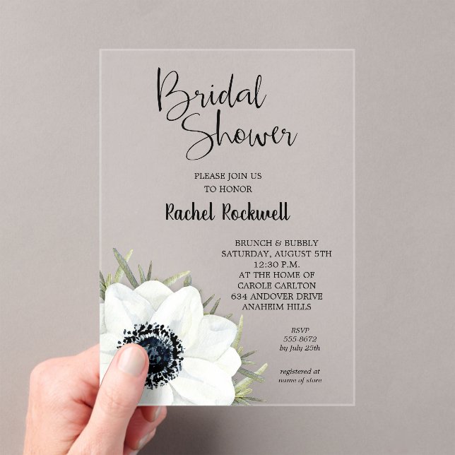 Invitaciones Acrílicas Ducha de novia floral blanca negra (Insitu (portátil))