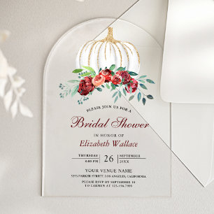 Invitaciones Acrílicas Ducha de Novia Floral Burgundy Calabaza Blanca Rús