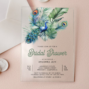 Invitaciones Acrílicas Ducha de novia floral de pavo real indio tropical