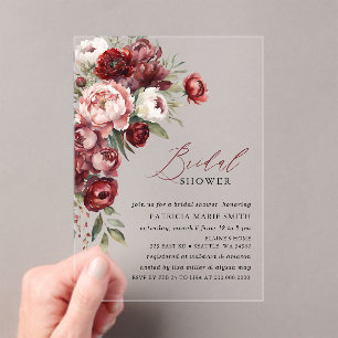 Invitaciones Acrílicas Ducha de Novia Floral Rosa Burdeos Moderno En