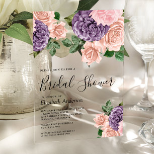 Invitaciones Acrílicas Ducha de Novia Floral Rosa Púrpura Polvoriento Rús