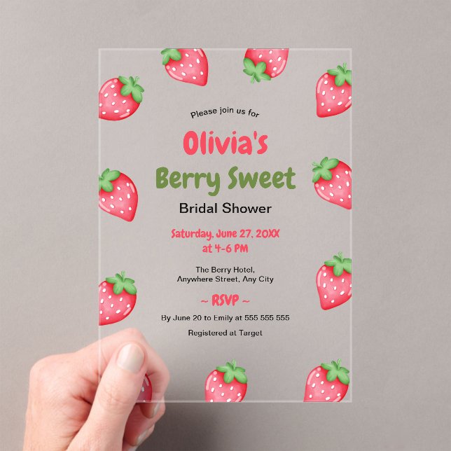 Invitaciones Acrílicas Ducha de Novia Fresa Rosa Dulce de Frutas (Insitu (portátil))