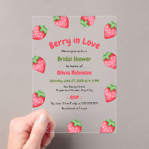 Invitaciones Acrílicas Ducha de Novia Fresa Rosa Roja en Amor