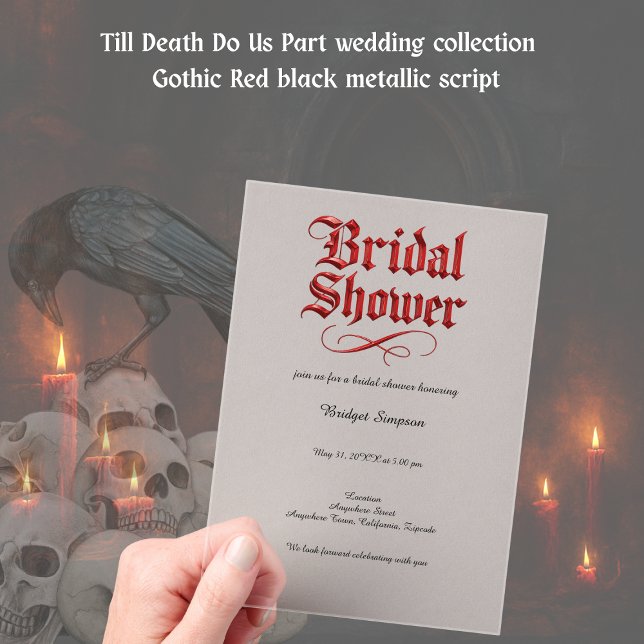 Invitaciones Acrílicas ducha de novia gótica guión rojo metálico (Subido por el creador)