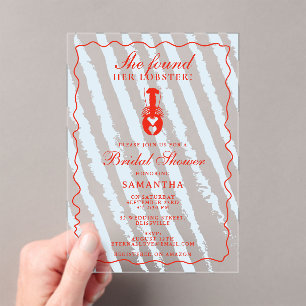 Invitaciones Acrílicas Ducha de Novia Langosta Corazón Rayas Azules Náuti