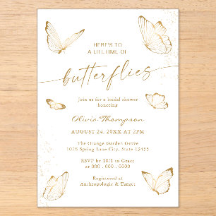 Invitaciones Acrílicas Ducha de Novia Mariposa de Oro Blanco