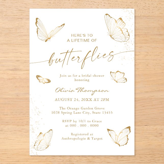 Invitaciones Acrílicas Ducha de Novia Mariposa de Oro Blanco (Anverso)